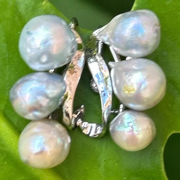 Vintage silver 925 mid century Japan 3 high luster Gray baroque Pearls Earrings